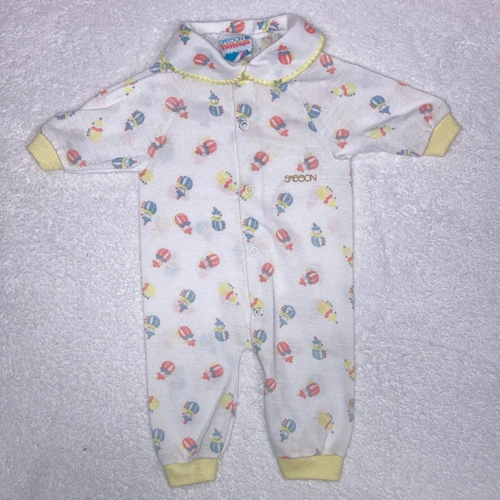 Vintage 80’s Sasson footless clown print unisex footless sleeper romper 3m